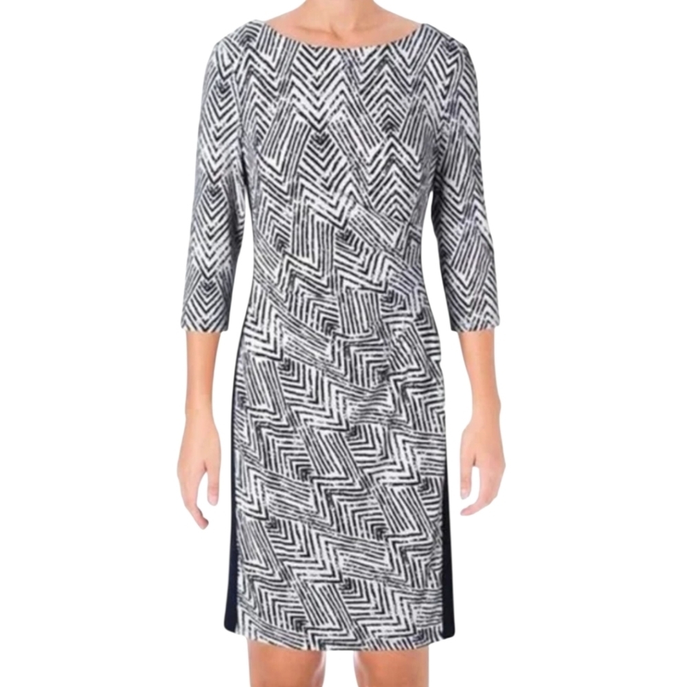 Lauren by Ralph Lauren Navy Blue & White Jersey‎ Knit Shift Dress Size 16